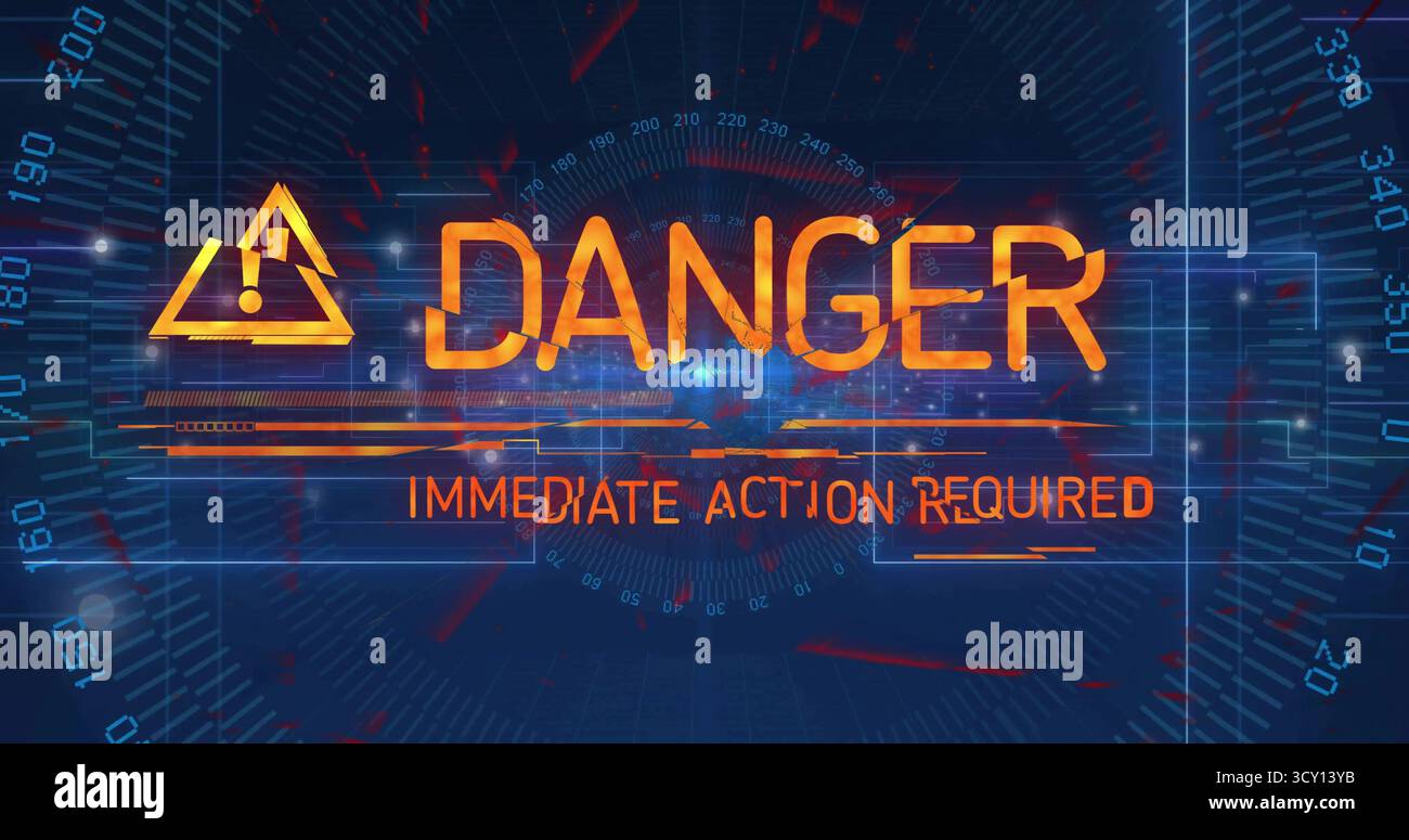 HUD displaying icon with DANGER and IMMEDIATE ACTION REQUIRED on grid with scan line glitches Stock Photo