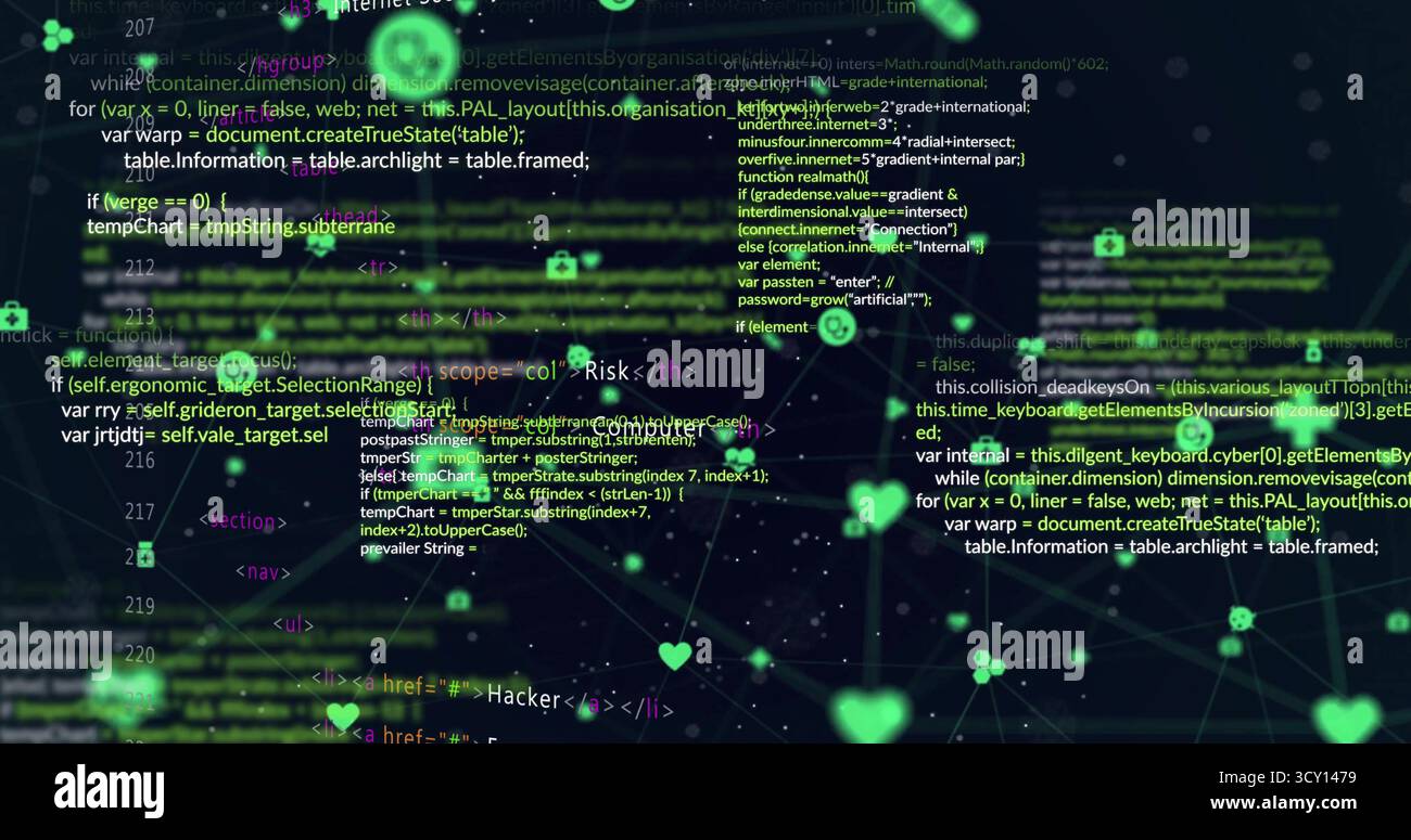 Presenting dark digital interface showing numbered code blocks, with neon-green holographic icons Stock Photo