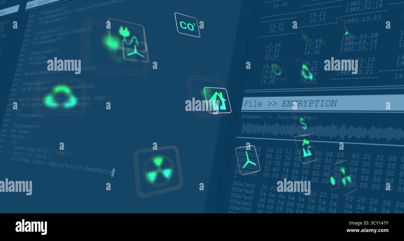 Floating green environmental icons hovering over code windows on interface, with encryption banner Stock Photo