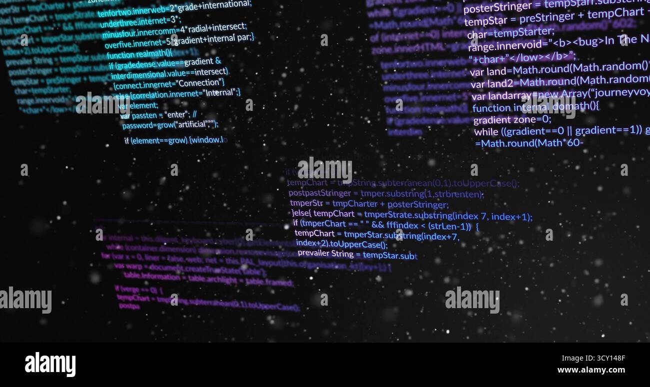 Showing dark abstract code scene floating in virtual space, with code fragments and particle specks Stock Photo