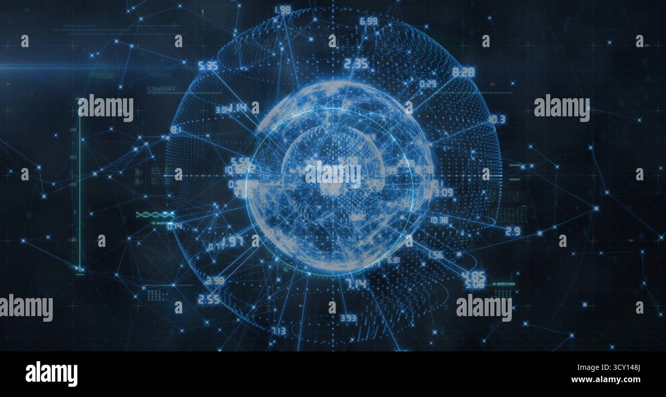 Rotating 3D wireframe globe displaying nodes, lines and numeric labels in dark grid Stock Photo