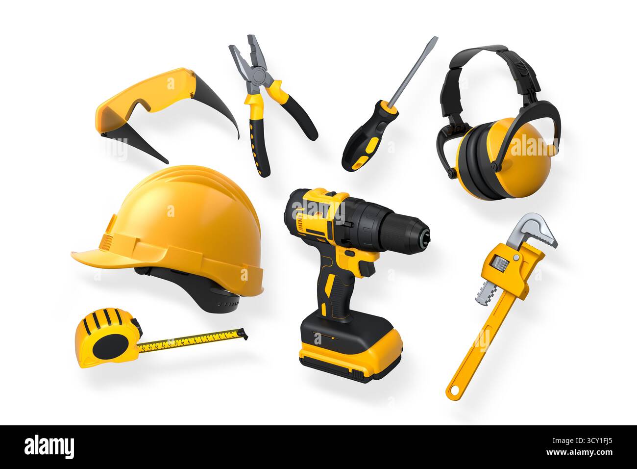 Construction tools and safety equipment isolated on white background ...