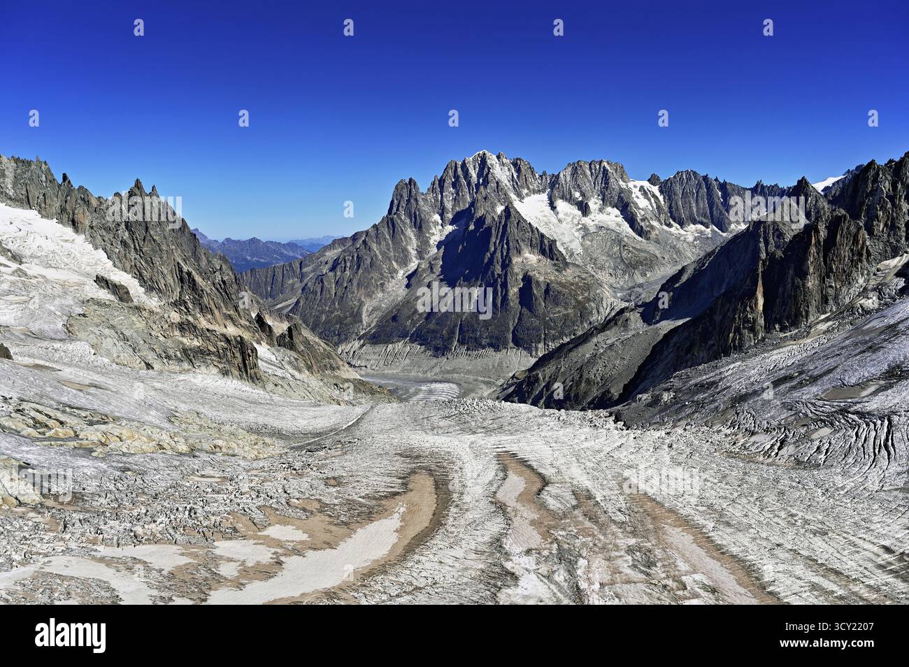 View from the Telecabine Panorama Mont-Blanc of the mountains Aiguille Vert, Les Droites, Les Courtes, in the foreground the Glacier du Geant, Cham Stock Photo