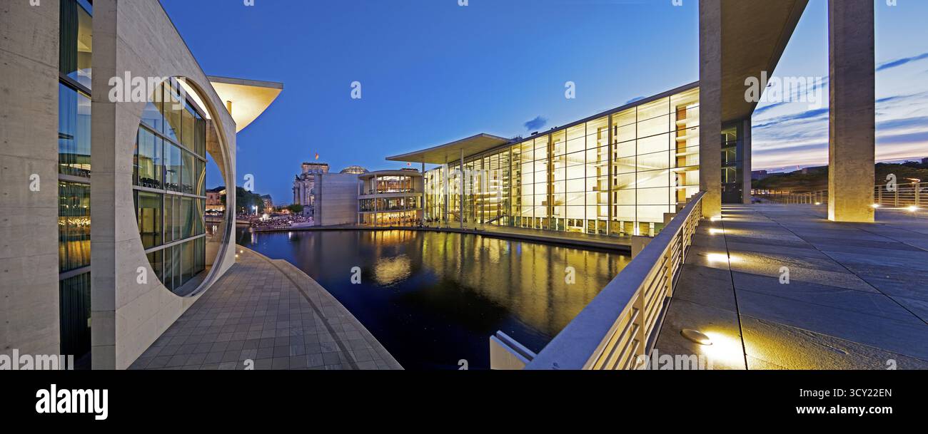 Marie-Elisabeth-Lueders-Haus and Paul-Loebe-Haus with the river Spree in the evening, government district, Berlin-Mitte, Berlin, Germany Stock Photo