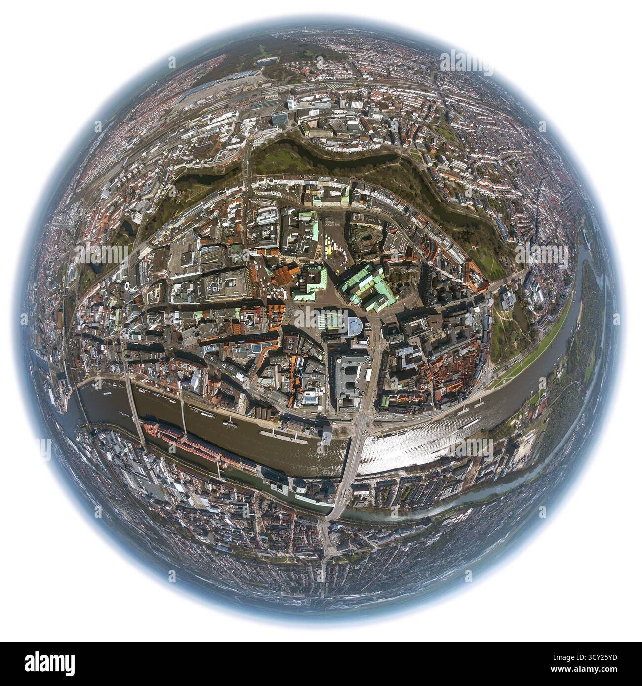 City hall Bremen, overview of the old town island Bremen between Weser and Wallgraben, city centre Bremen, city, aerial view, aerial photography of Br Stock Photo