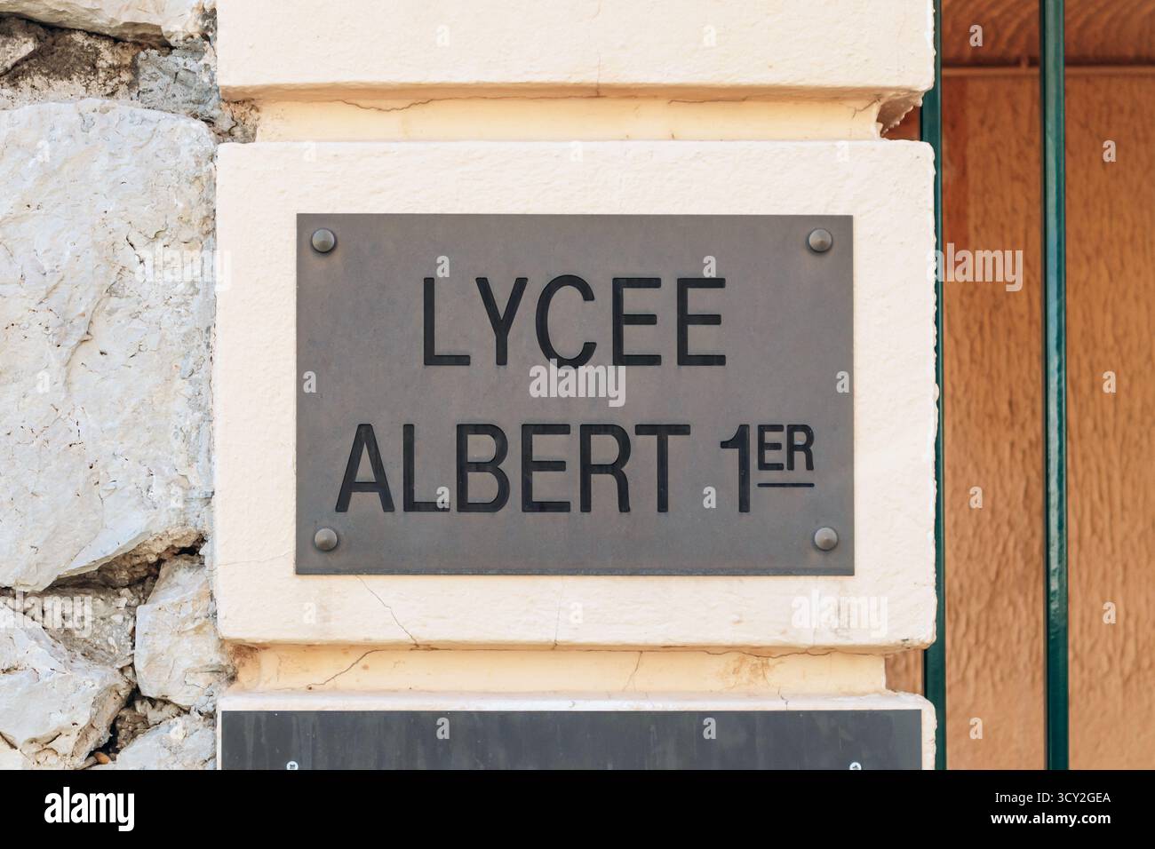 Monaco, Monaco - June 28, 2025: Close-up of the entrance sign of Lycee ...