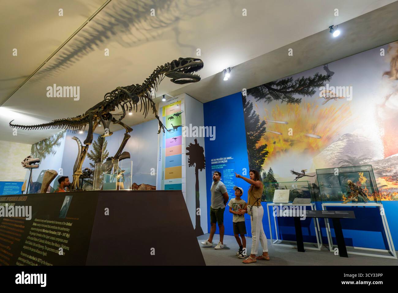 Family looking at fossilised Allosaur dinosaur skeleton displayed ...