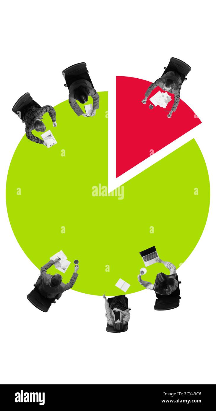 Contemporary collage. Business team analyzing pie chart representing data distribution and cooperation Stock Photo