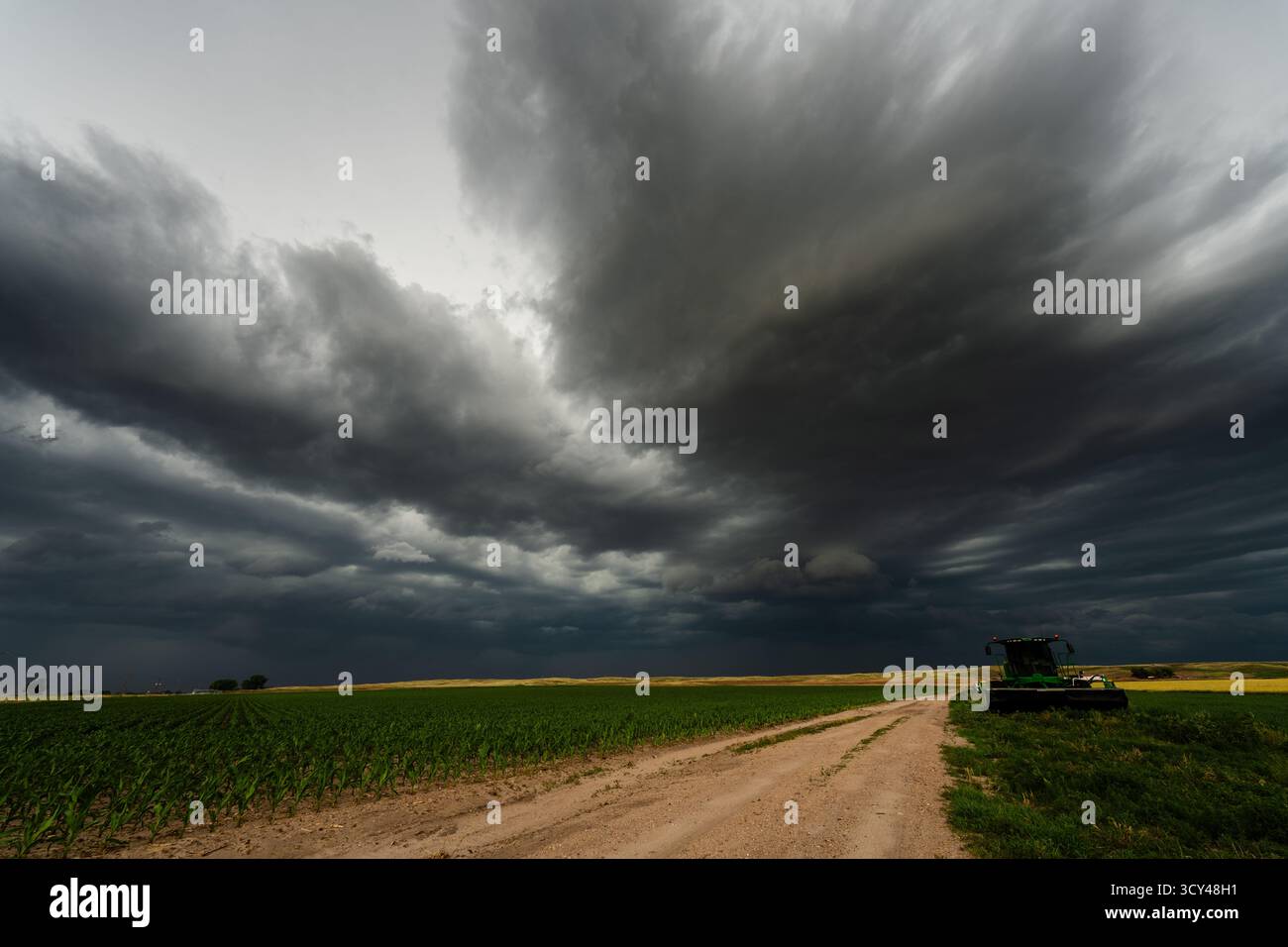 Black clouds stretch endlessly across the sky over remote farmland, creating a dramatic, moody scene filled with texture, shadow, and atmosphere Stock Photo