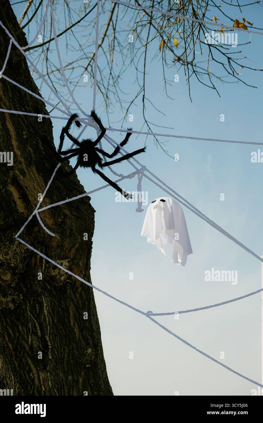 Halloween outdoor decoration with a large fake spider on a web attached to a tree and a small ghost figure hanging against a clear blue sky Stock Photo