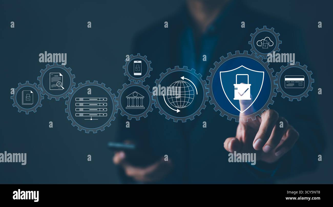 Cybersecurity Management and Data Protection Concept. Showcasing a cyber security management interface with icons representing secure data, cloud stor Stock Photo