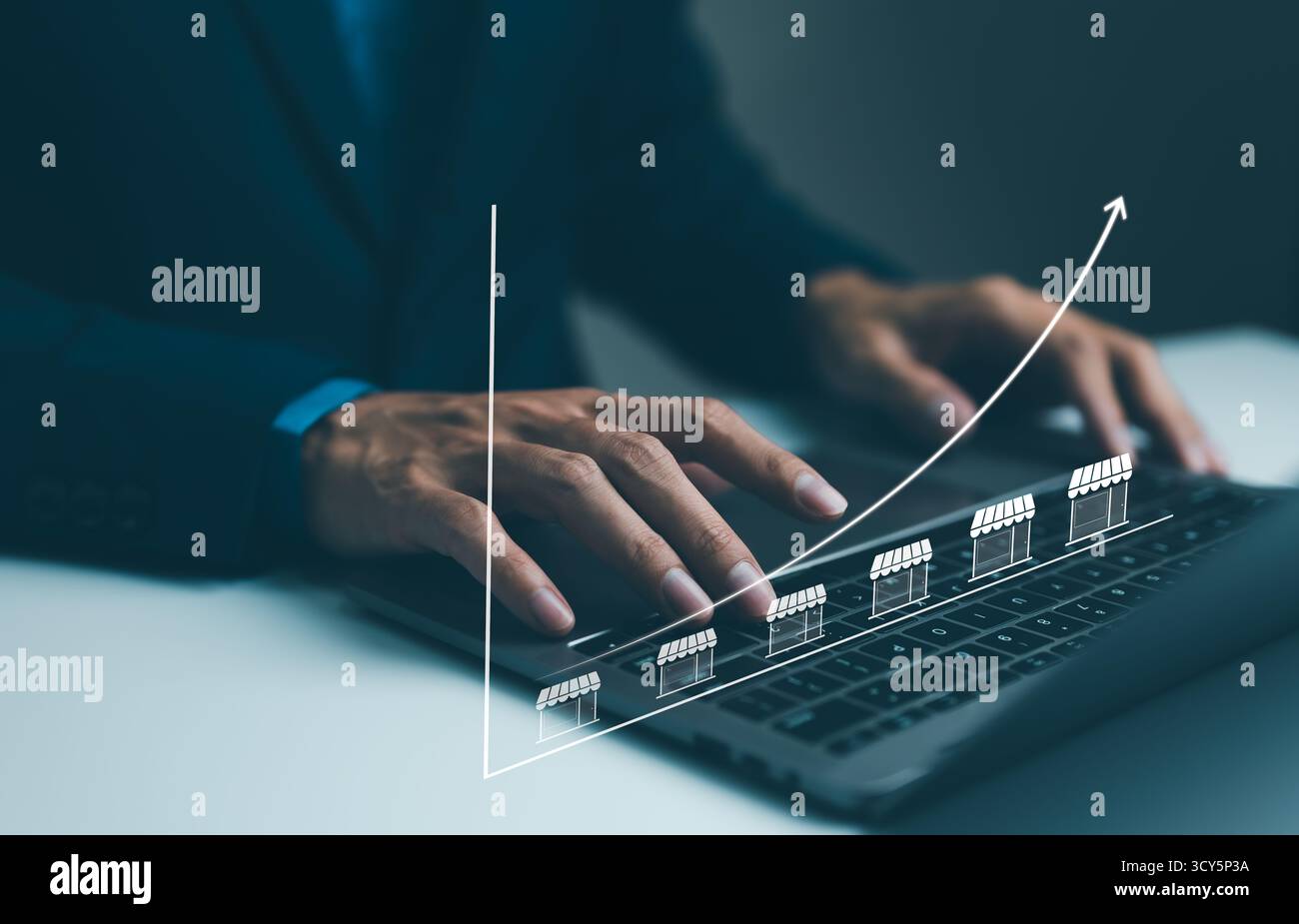 Franchise concept. Franchise Business Growth and Expansion Strategy Visualization. Entrepreneur visualizing franchise growth trajectory with increasin Stock Photo