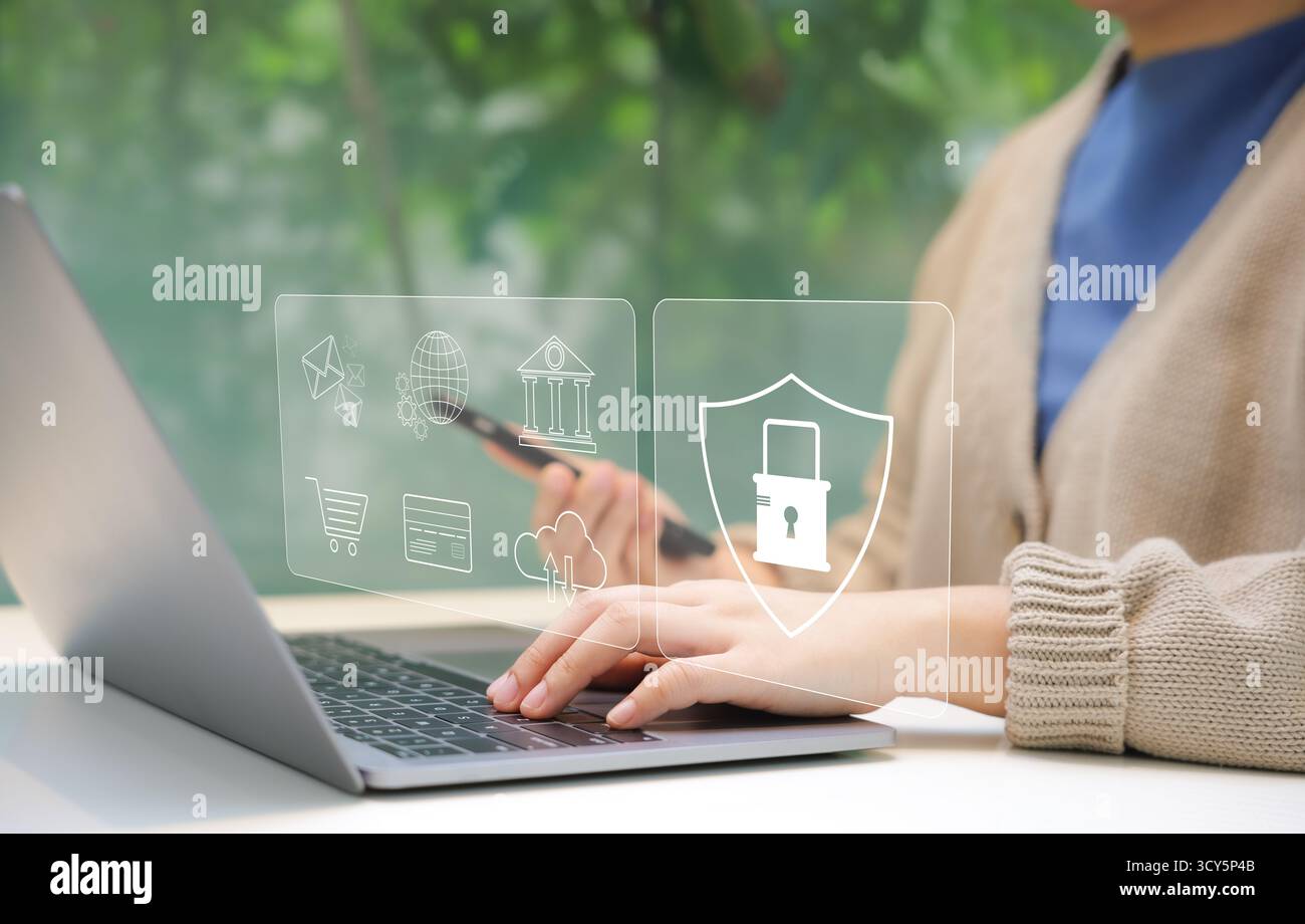 Cybersecurity Management and Data Protection Concept. Showcasing a cyber security management interface with icons representing secure data, cloud stor Stock Photo