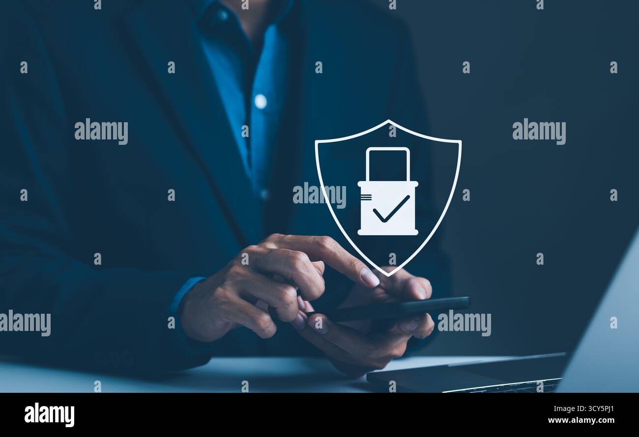 Cyber security encryption privacy concept. Man enter username and password for personal information access. Data login protect and secure internet Stock Photo