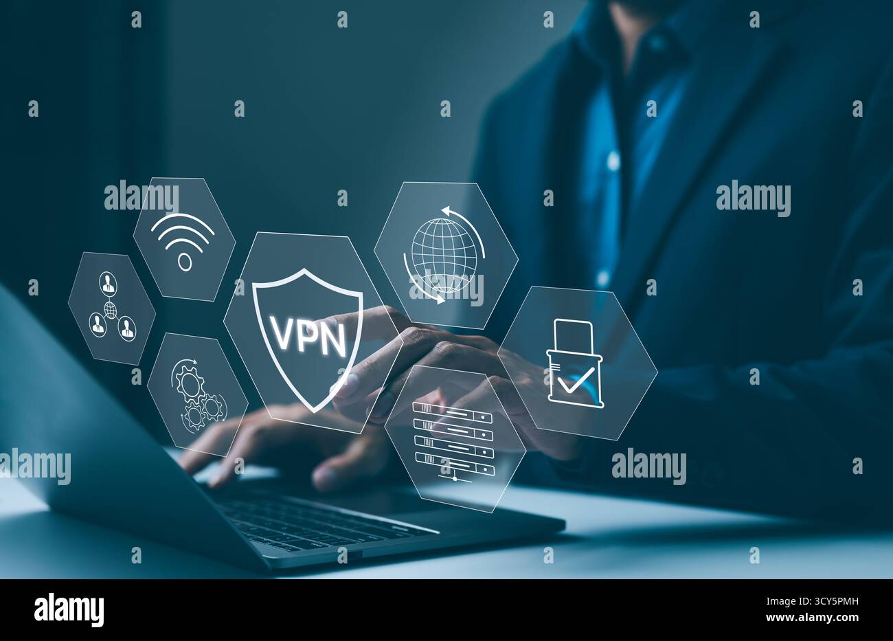 Virtual private network encryption connection concept. Using VPN for secure internet access. A businessman securely accesses the internet through Stock Photo