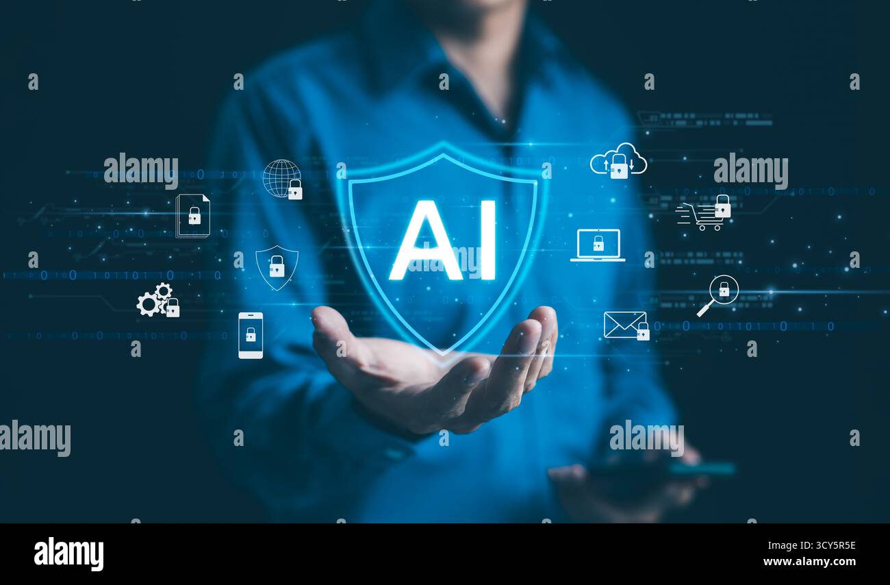 AI Artificial intelligence-powered cybersecurity system concept. Showcases AI-driven cyber security technology, highlighting advanced digital security Stock Photo