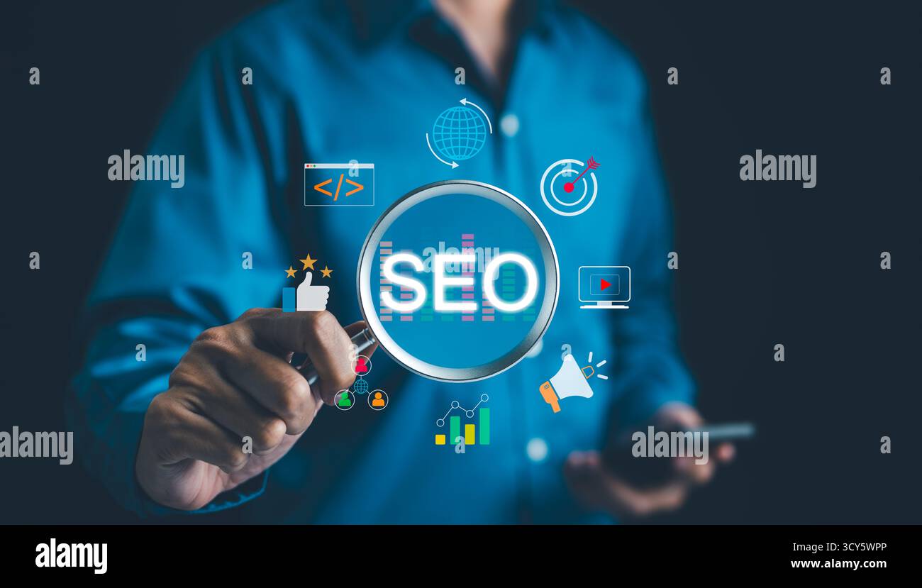 SEO Search Engine Optimization Concept. Businessman hold magnifying glass focuses highlighting SEO, surrounded by various digital marketing icons, Stock Photo