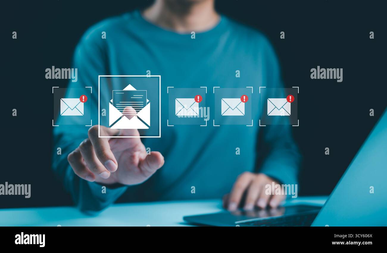Email notification management concept. Checking digital email, A person with new email notification icons on a digital interface, email communication, Stock Photo