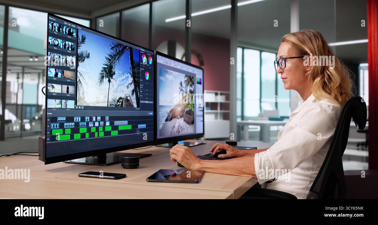 Woman Editing Video With Software On Desktop Computer Editor Stock Photo