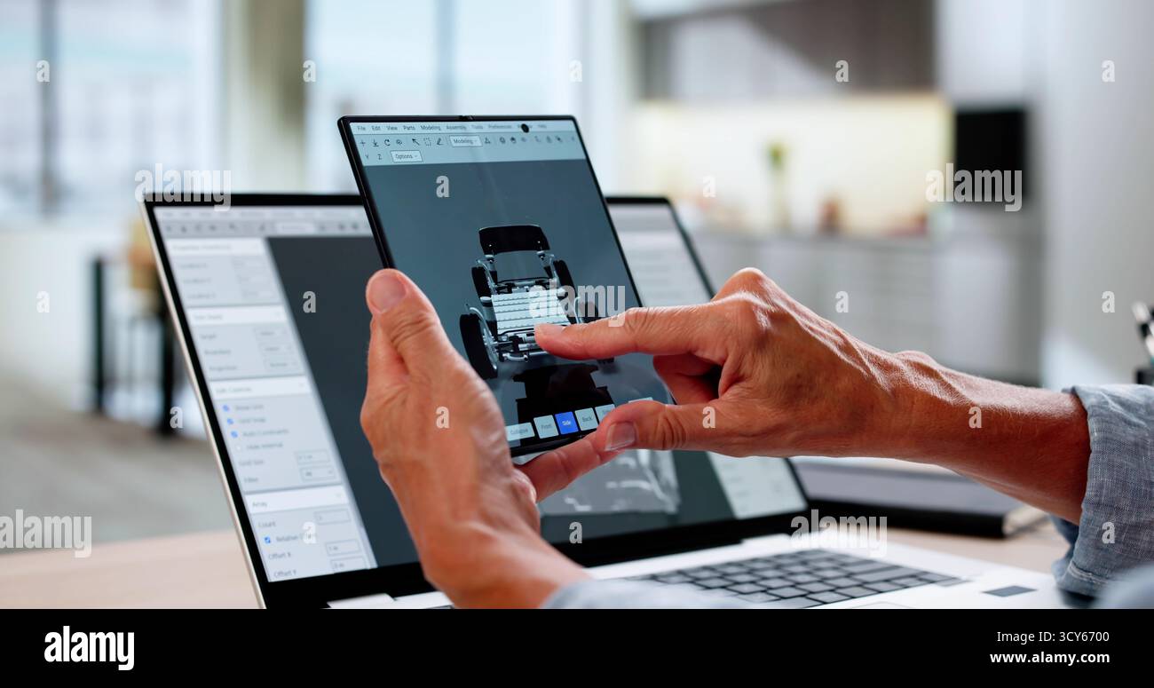 Female Engineer Using 3D CAD Software To Design EV Car Stock Photo