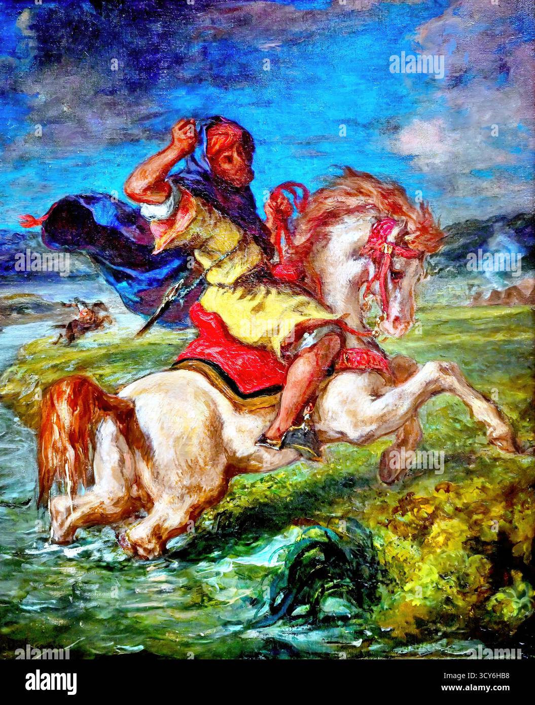 Eugene Delacroix - Moroccan Horseman crossing a Ford, 1850. Stock Vector