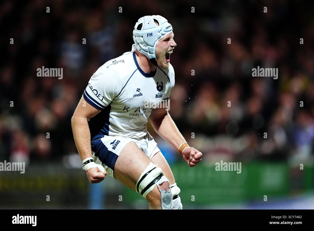 Bristol Bears' Fitz Harding celebrates scoring a try during the ...