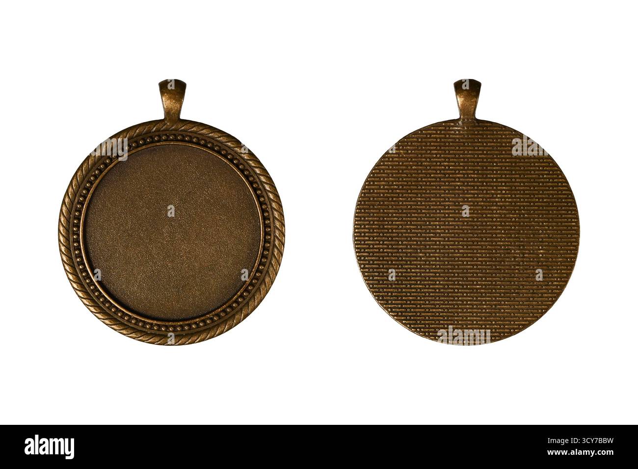 Vintage bronze pendant blank tray front and back view isolated on white background. Stock Photo
