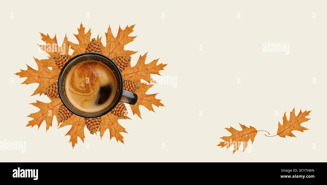 National Coffee Day concept. Gourmet coffee. Fall coffee wallpaper. Coffee cup from above, coffee with foam, dark glass cup, dried oak leaves Stock Photo