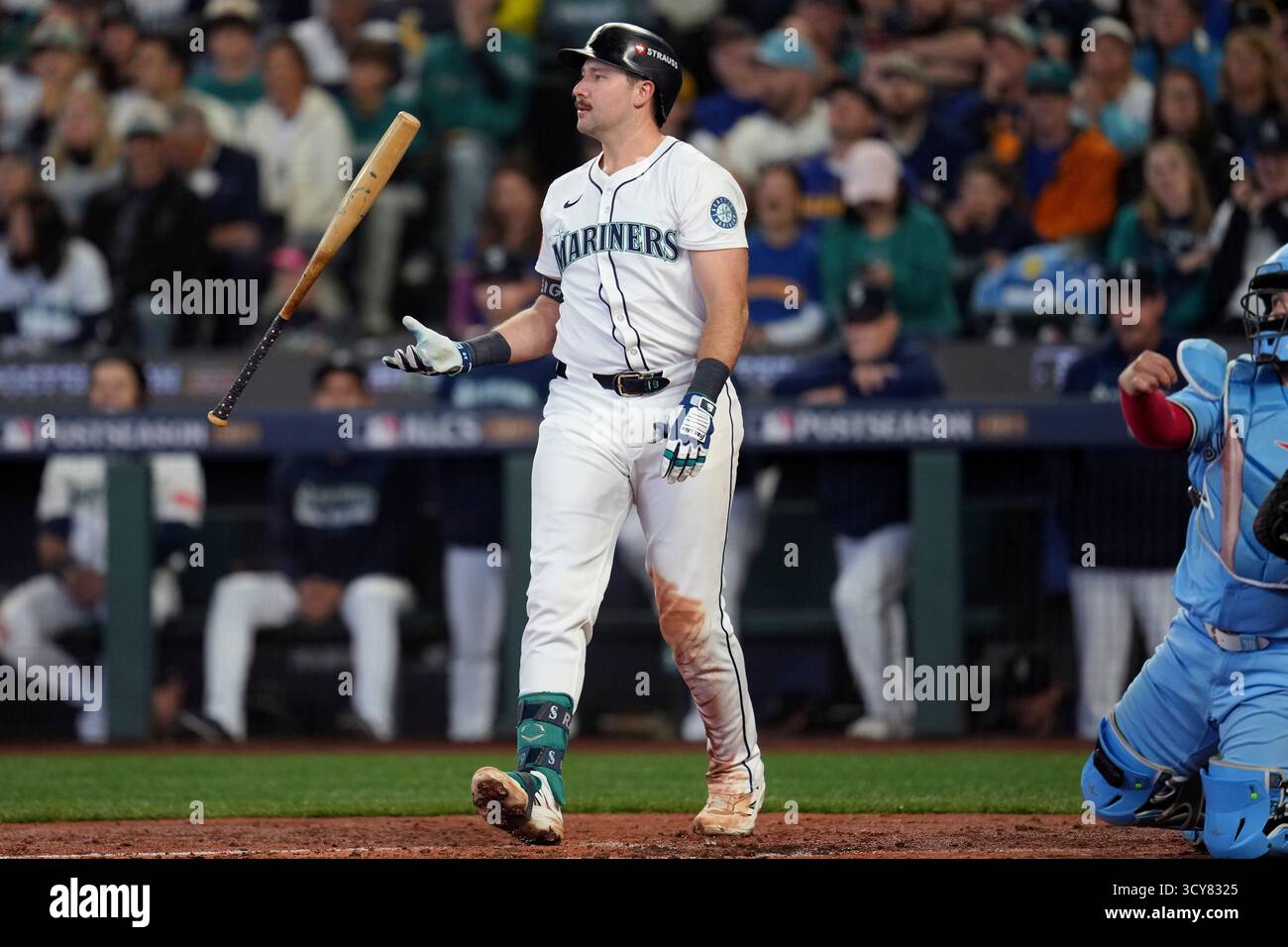 Seattle Mariners' Cal Raleigh flips his bat after striking out against ...