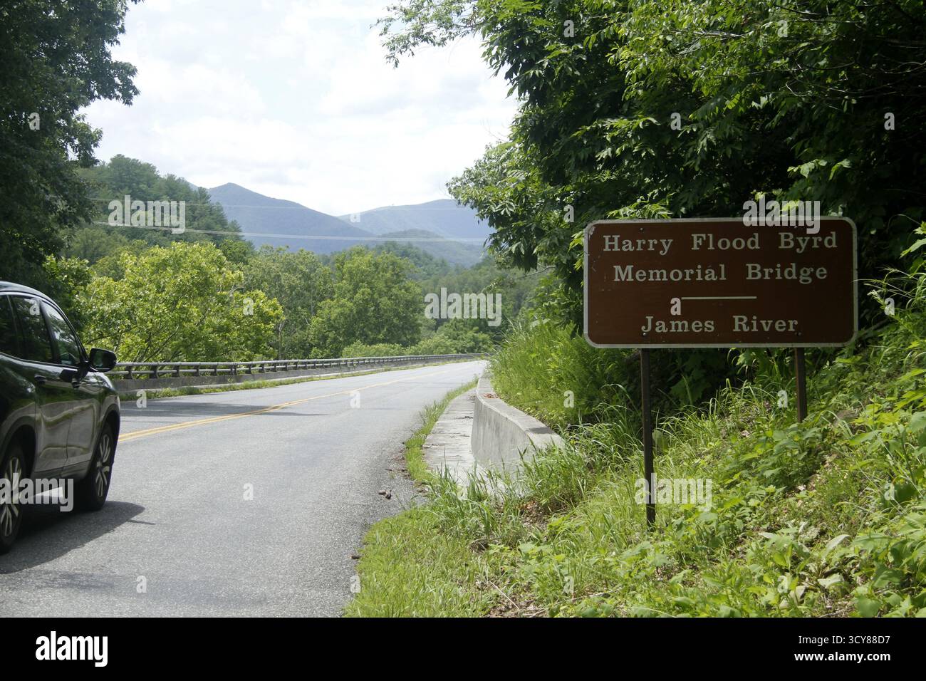 Blue Ridge Parkway, VA, USA. Sign for Harry Flood Byrd Memorial Bridge ...