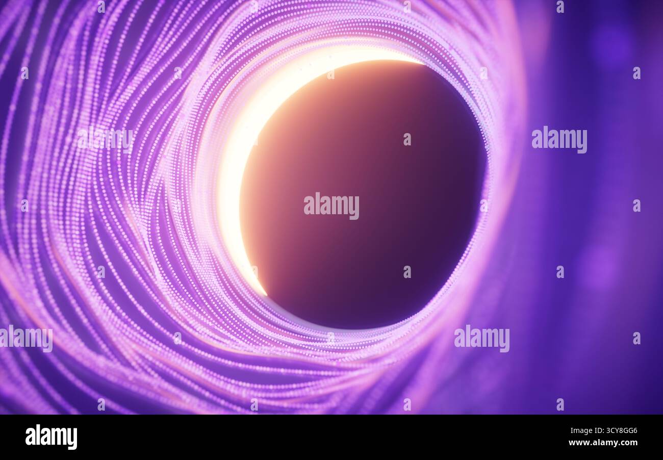 Dark round tunnel with glowing neon lines, 3d rendering. 3D illustration. Stock Photo
