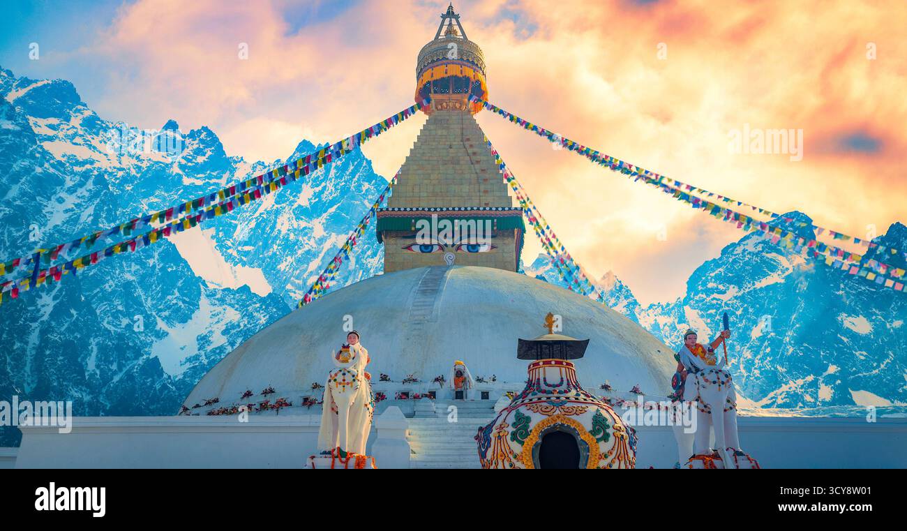 Buddhist stupa in the snowy mountains of the Himalayas in Nepal Stock ...