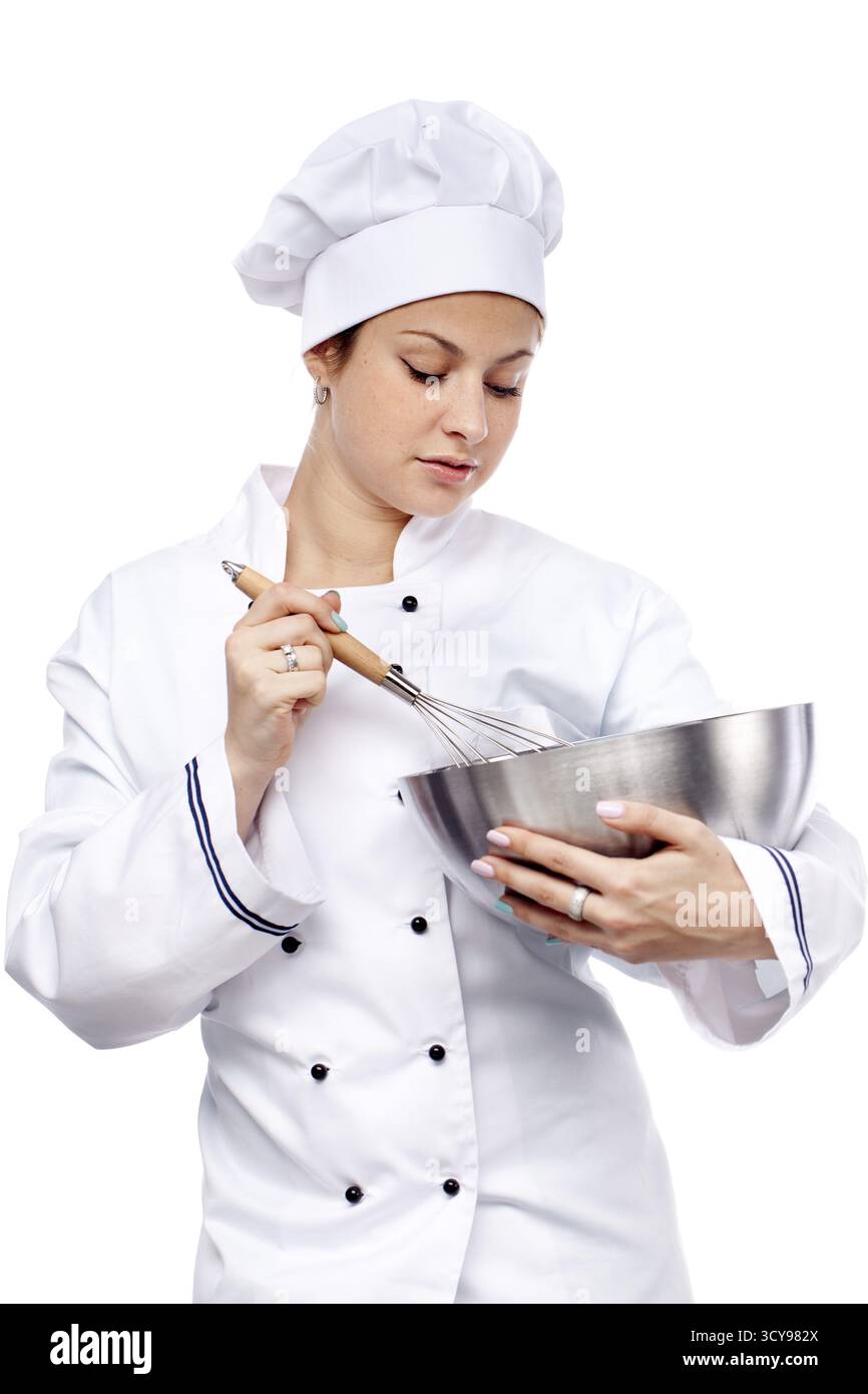 Female chef with whisk and bowl isolated on white background Stock ...