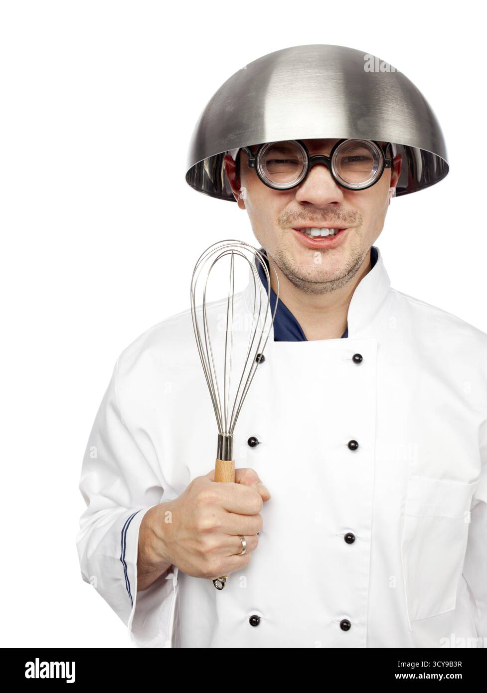 Male chef with whisk and mixing bowl on head on white background Stock ...