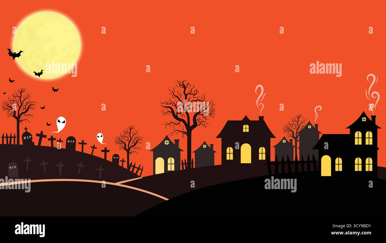 Haunted Village And Graveyard With A Spooky Full Moon Night Background ...