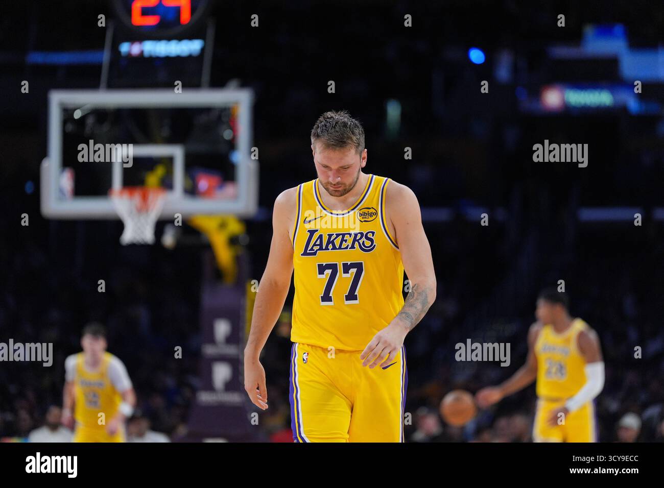 Los Angeles Lakers guard Luka Doncic walks on the court during the ...