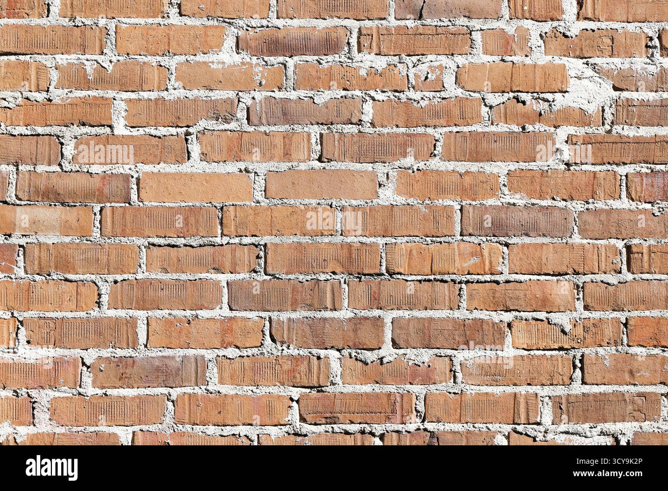 Closeup of old brick wall texture. Rustic red bricks background with natural pattern and rough structure. Stock Photo