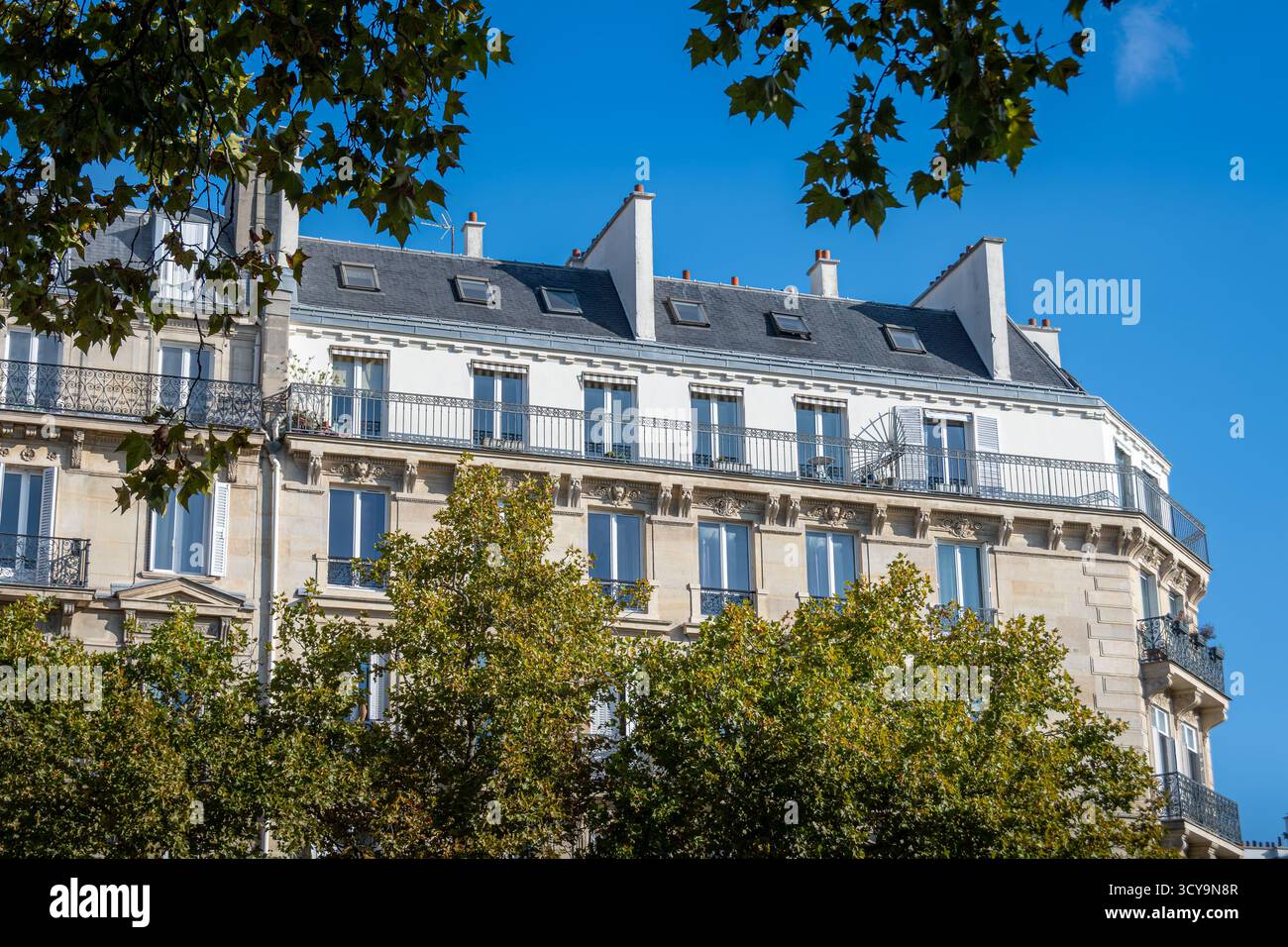 Classic Paris-style residential building in a tree-lined avenue. Concepts of real estate market and housing issues for older homes in France Stock Photo