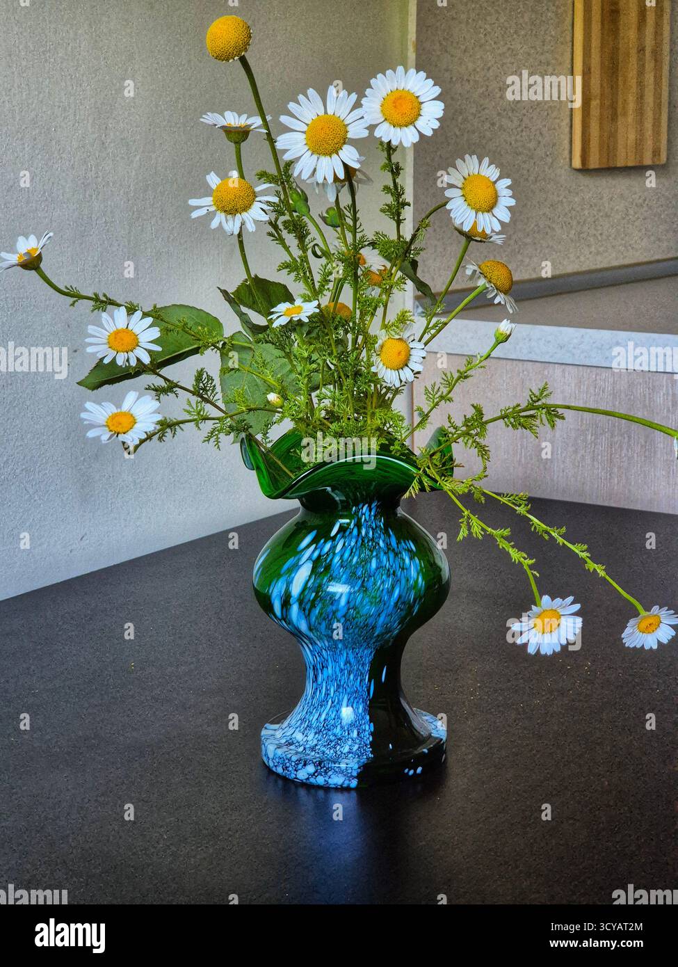 beautiful flowers on wooden table. daisies in a vase - Smartphone Captured Stock Image