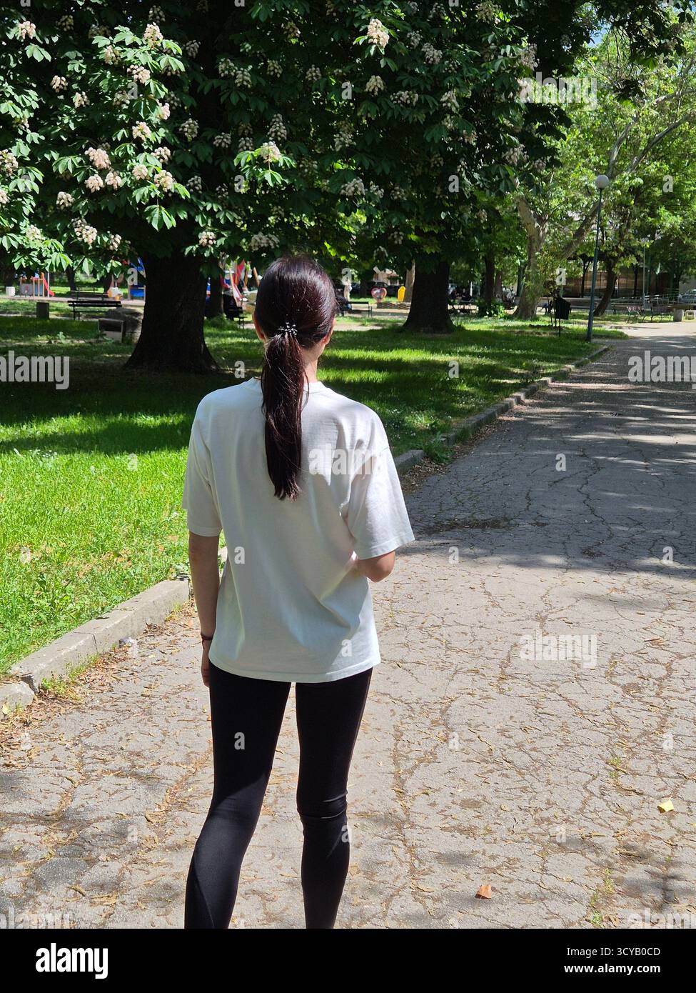 Young woman doing fitness or yoga outdoors in the park. - Smartphone Captured Stock Image