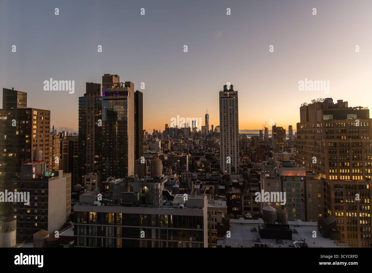 Scenic aerial panoramic Chelsea, Soho, and Downtown vista at sunset, Manhattan, New York City Stock Photo