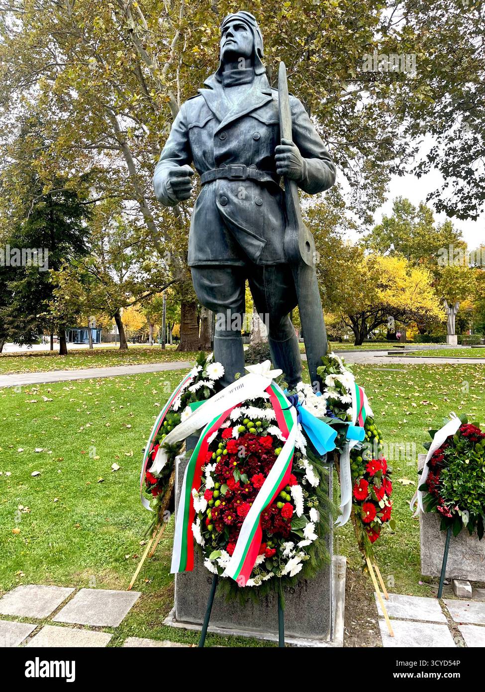 The Bulgarian Aviators memorial and wreaths of flowers in the city park in Sofia Bulgaria, Eastern Europe, Balkans, EU - Smartphone Captured Stock Image