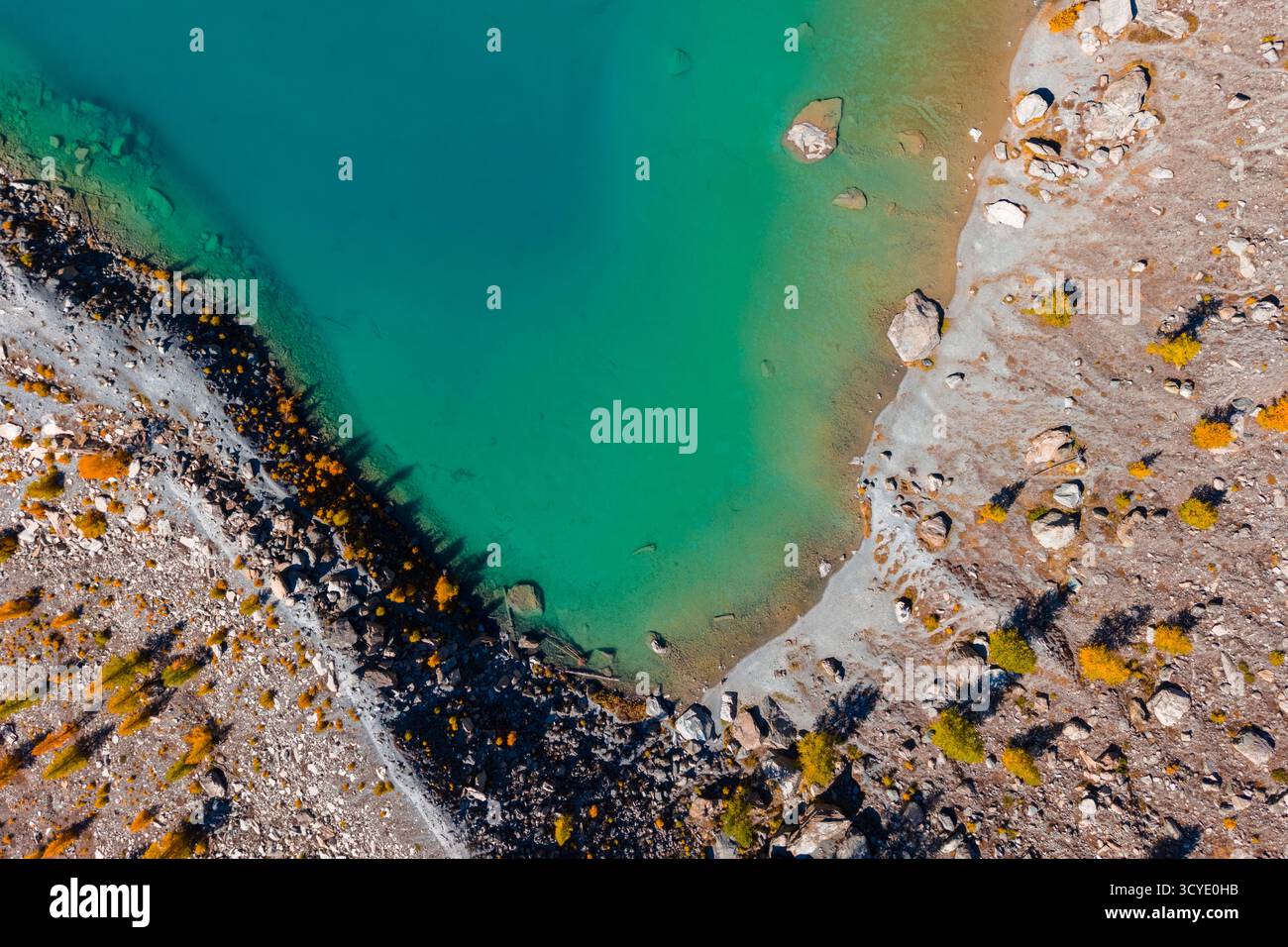 Aerial view of the blue water of Lago Blu at the foot of Monte Rosa Massif in Ayas Valley. Champoluc, Ayas Valley, Aosta province, Aosta Valley, Italy Stock Photo