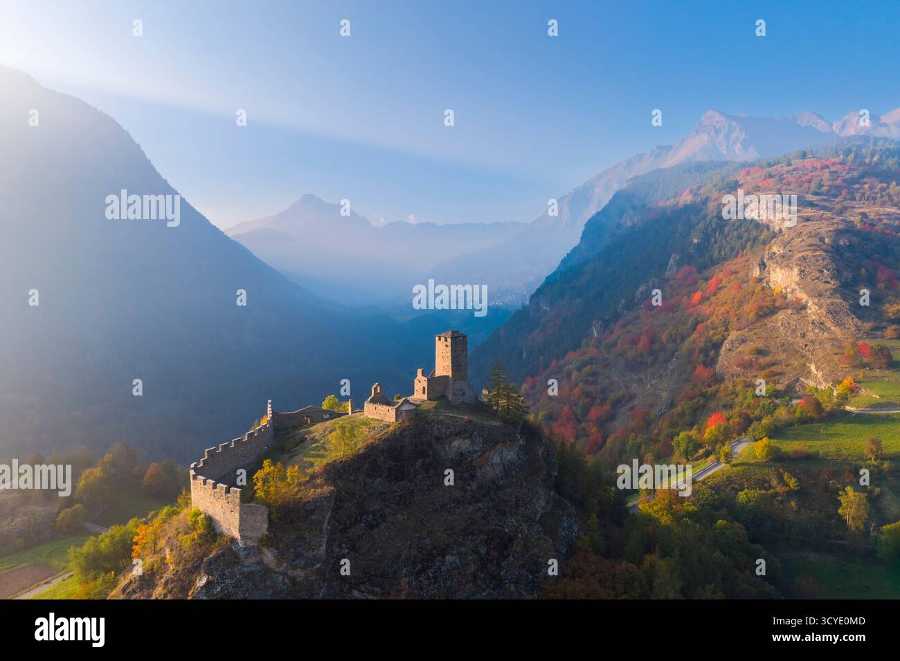 Aerial view of the ruins of the Castle of Graines. municipality of Brusson,Vallon de Frudiere, Val d'Ayas, Aosta Valley, Italian alps, Italy. Stock Photo