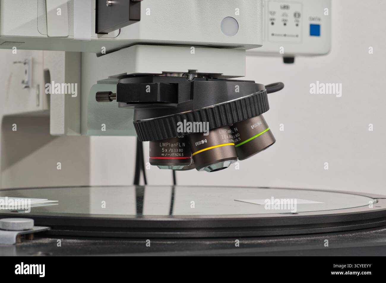 Measuring microscope partial in laboratory selective focus science research lab equipment. Stock Photo