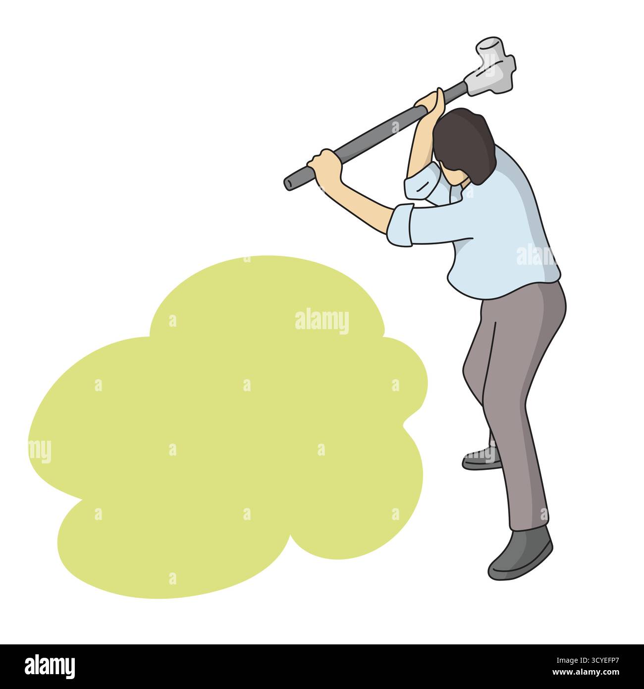 man using hammer on yellow blank space illustration vector hand drawn with black lines Stock Vector