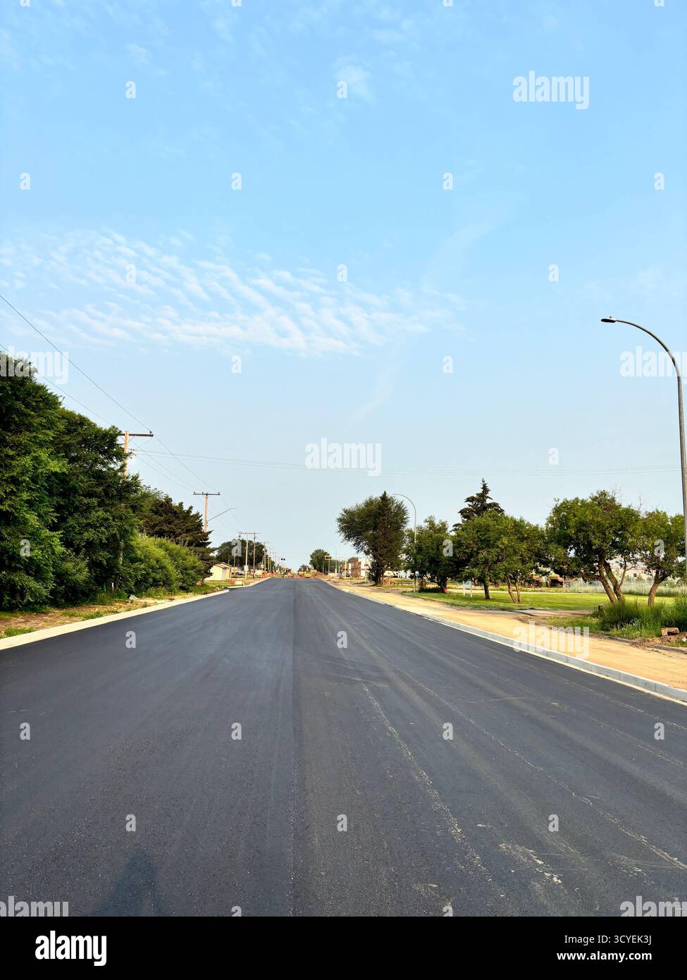 Freshly paved residential street, showing smooth new asphalt surface, roadside trees, and power lines in a suburban neighbourhood. - Smartphone Captured Stock Image