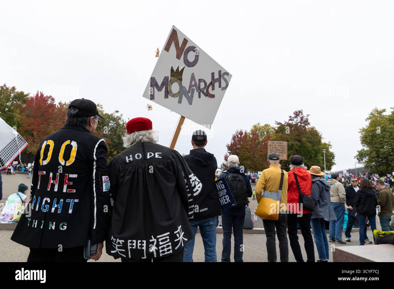 Seattle, Washington, USA. 18th October 2025. Protesters fill Fisher Pavilion at the “No Kings” protest and march. An estimated 90,000 people attended the mass protest as part of a national day of peaceful action organized by the No Kings coalition in response to perceived authoritarian actions and corruption of the Trump administration. Credit: Paul Christian Gordon/Alamy Live News Stock Photo