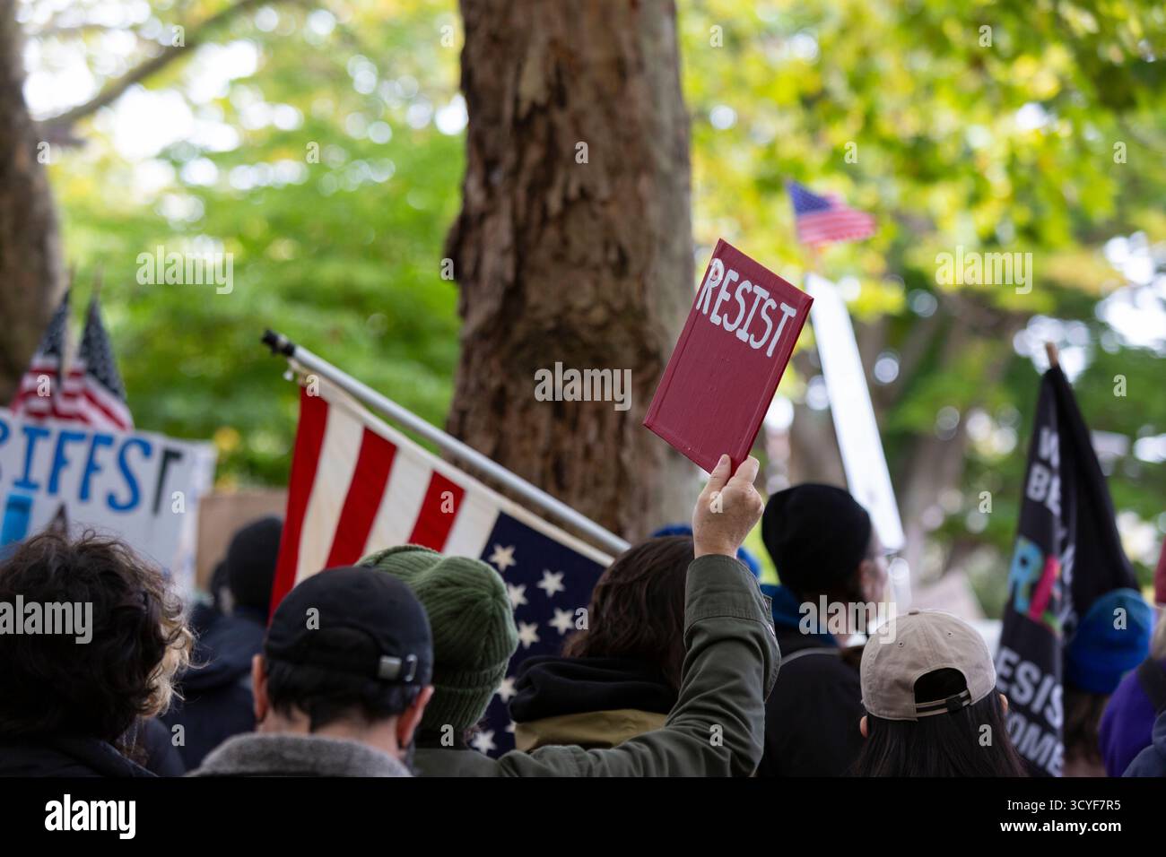 Seattle, Washington, USA. 18th October 2025. Protesters carry a variety of imaginative signs at the “No Kings” protest and march. An estimated 90,000 people attended the mass protest as part of a national day of peaceful action organized by the No Kings coalition in response to perceived authoritarian actions and corruption of the Trump administration. Credit: Paul Christian Gordon/Alamy Live News Stock Photo