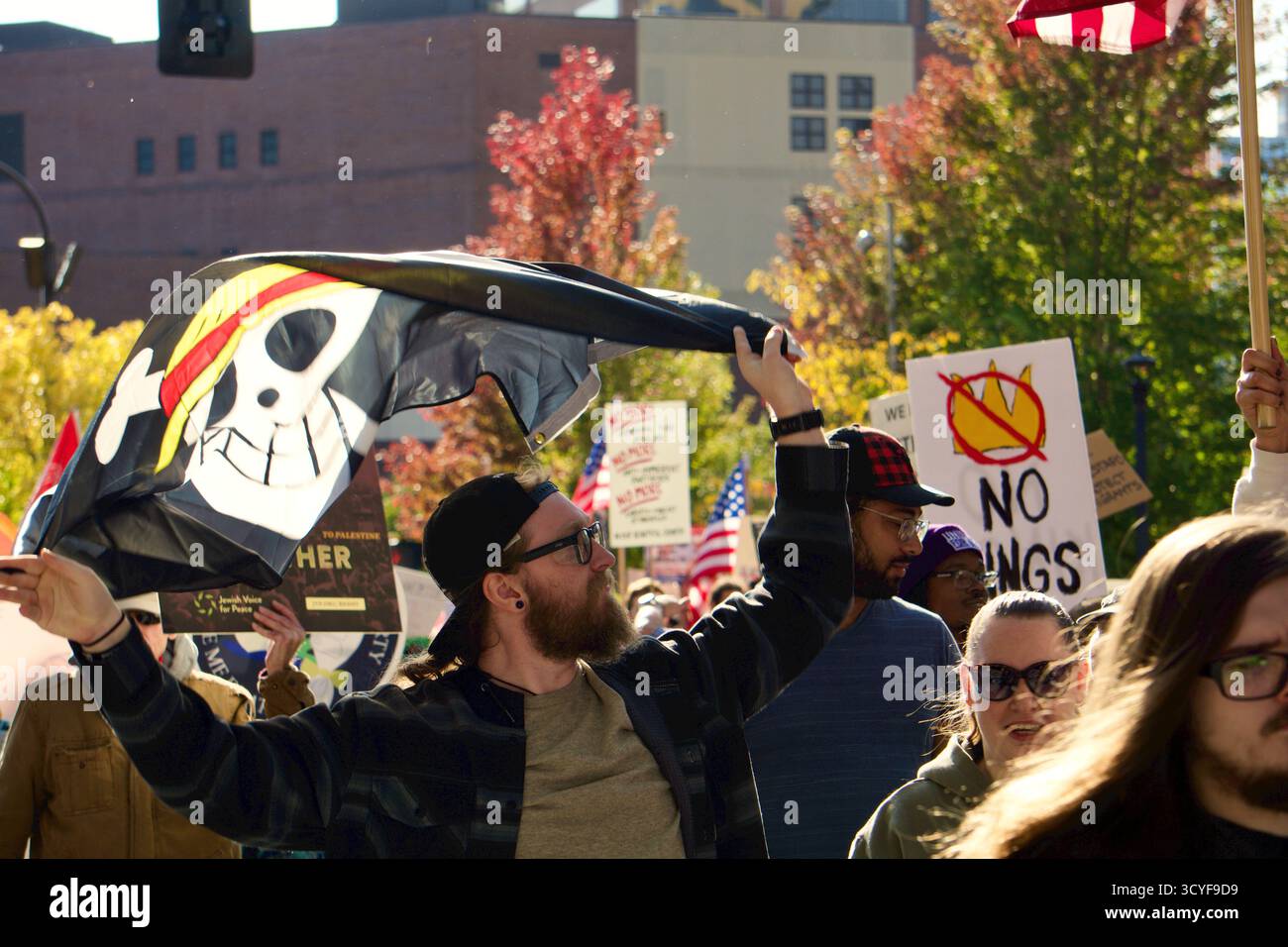 Minneapolis, Minnesota, USA. 18 October 2025. An estimated 100,000 protesters marched through downtown Minneapolis for No Kings Day, to support democracy in the USA. Credit: Kristin Cato/Alamy Lives News Stock Photo
